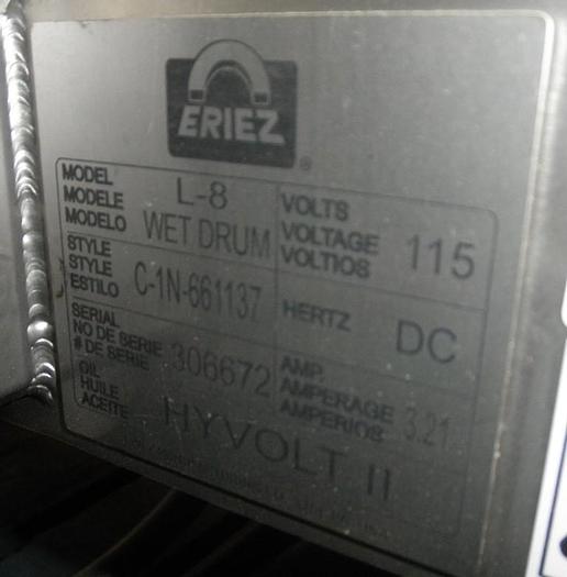 Used Separator, Magnetic, Eriez, Drum, 12" x 7", Mdl L-8,Separator, Magnetic, Eriez, Drum, 12" x 7", Mdl L-8, #C741160