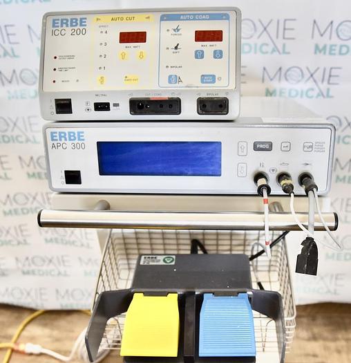 Used ERBE ICC 200 EA INT UL AND APC 300 ELECTROSURGICAL UNIT WITH FOOTSWITCH 20189-027