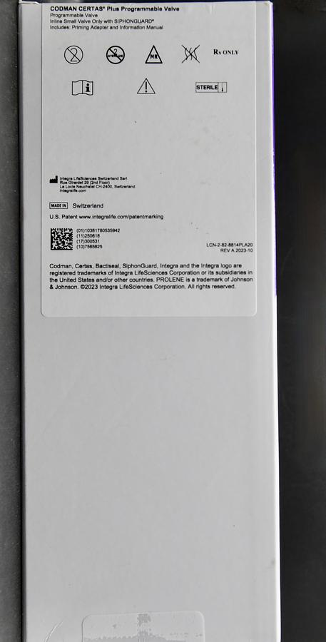 82-8814PL Integra CODMAN CERTAS Plus 828814PL Programmable In-Line Valve, In-Date
