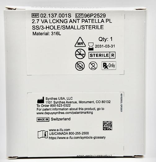 DEPUY SYNTHES 2.7 VA LCKNG ANT PATELLA PL SS/3-HOLE/SMALL/STERILE, REFERENCE 02.137.001S, MATERIAL 316L