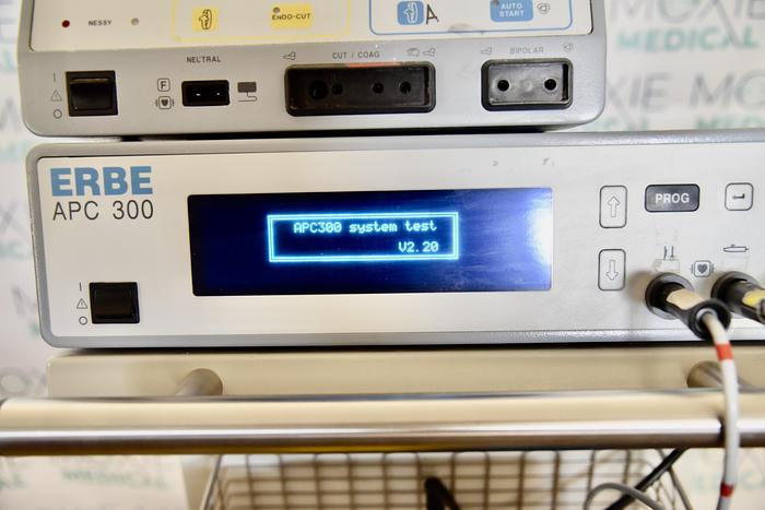 Used ERBE ICC 200 EA INT UL AND APC 300 ELECTROSURGICAL UNIT WITH FOOTSWITCH 20189-027