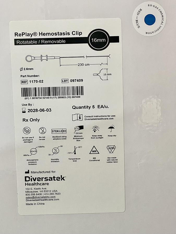 DIVERSATEK 1170-02 RePlay Hemostasis Clip Rotatable / Removable, 5/Box, In-Date