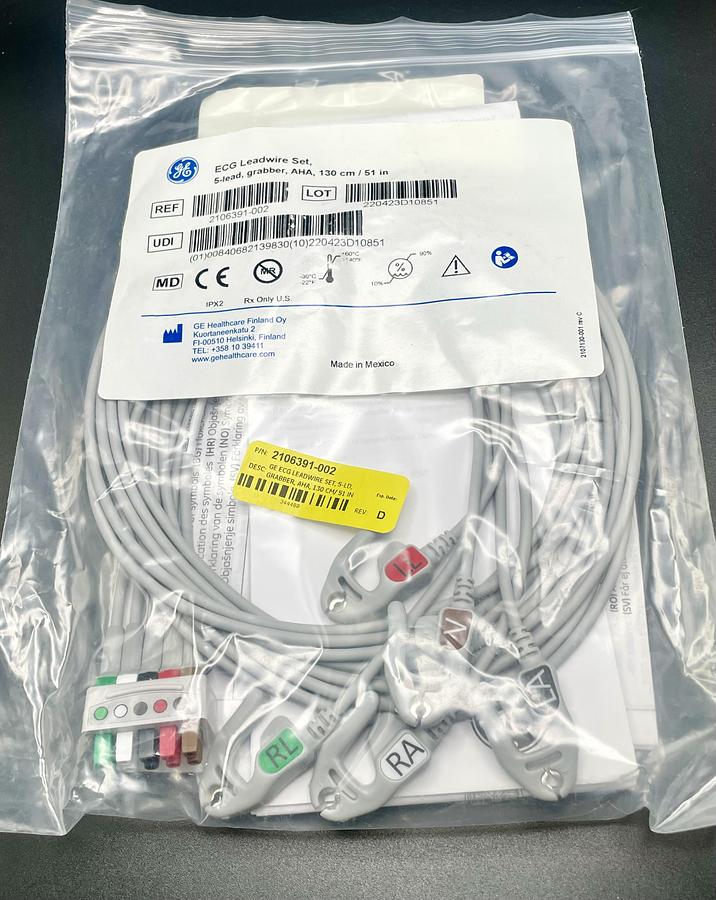 GE Healthcare 2106391-002 ECG Leadwire Set 5-Lead Grabber AHA 130cm