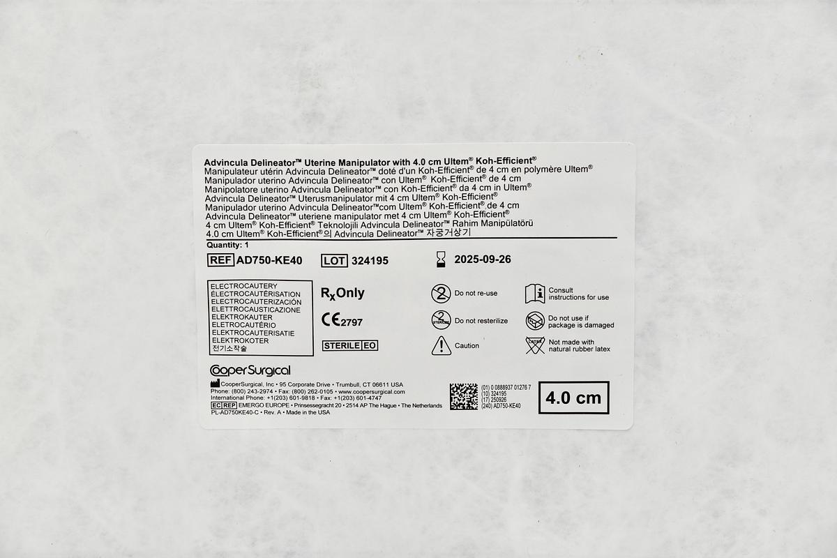 AD750-KE40 COOPER SURGICAL ADVINCULA DELINEATOR UTERINE MANIPULATOR WITH 4.0CM ULTEM KOH-EFFICIENT ELECTROCAUTERY