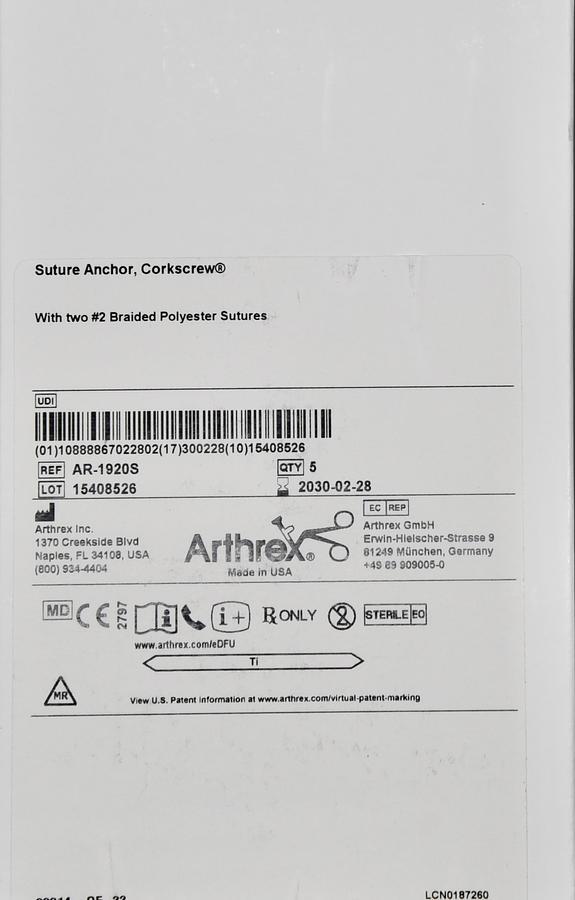 ARTHREX AR-1920S Suture Anchor, Corkscrew, In-Date