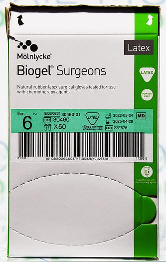 MOLNLYCKE 30460 BIOGEL SURGEONS NATURAL RUBBER LATEX SURGICAL GLOVES, SIZE 6, 50 PAIRS/BX