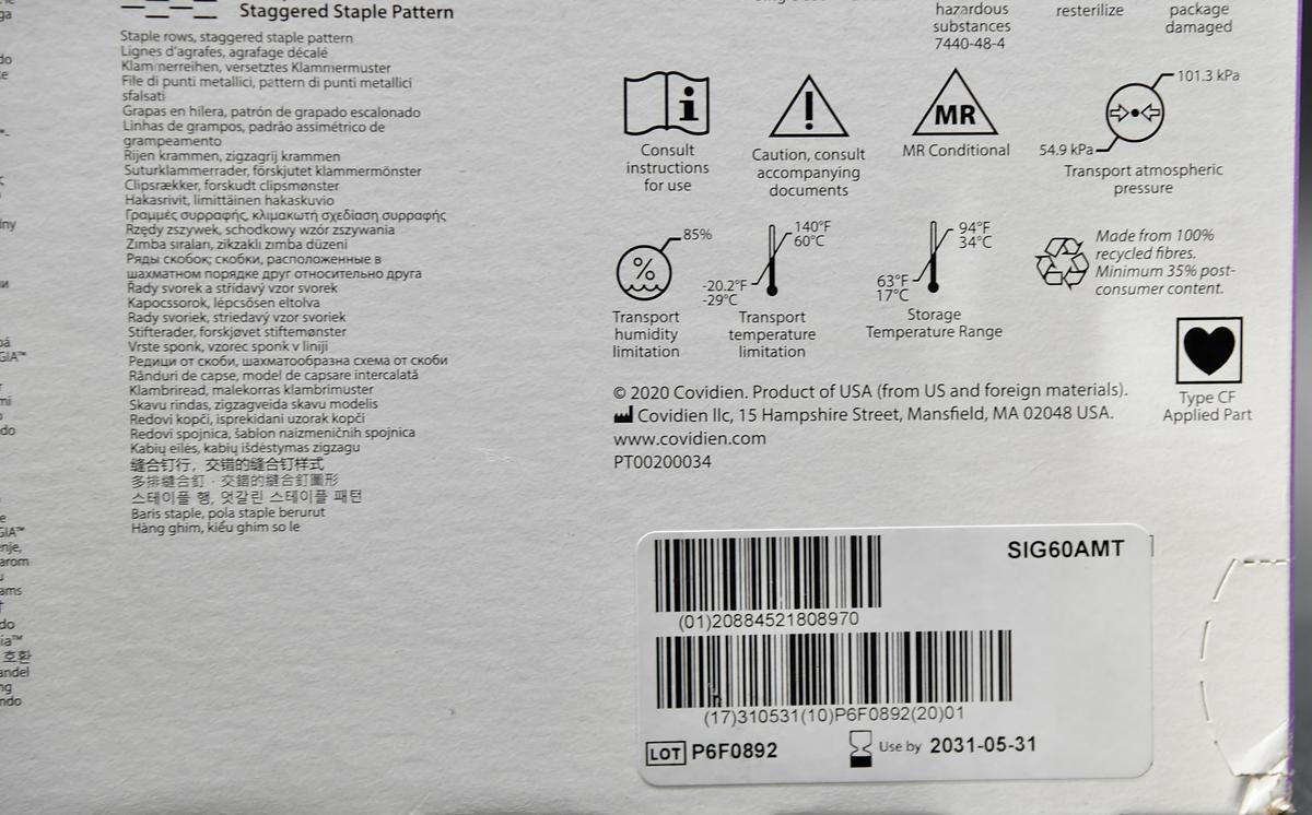 In-Date Covidien SIG60AMT Medtronic Signia Tri-Staple 2.0 Reload, 60mm, Medium/Thick, Purple, Box of 6