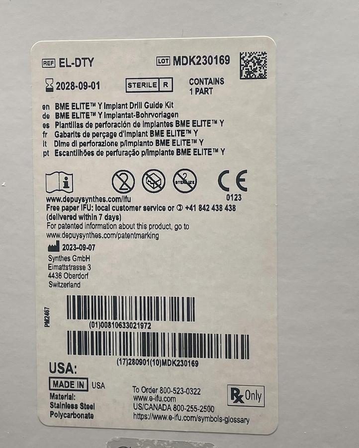 Synthes EL-DTY BME Elite Y-Series Drilling Template Kit, NEW, IN-DATE