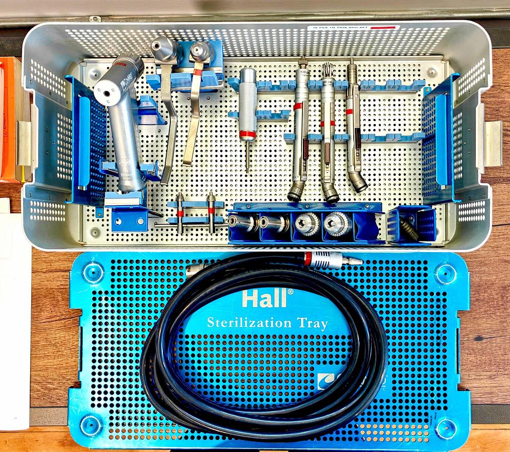 Used CONMED LINVATEC POWER PRO DRILL SET AND HALL PNEUMATIC KIT WITH  STERILIZATION TRAY
