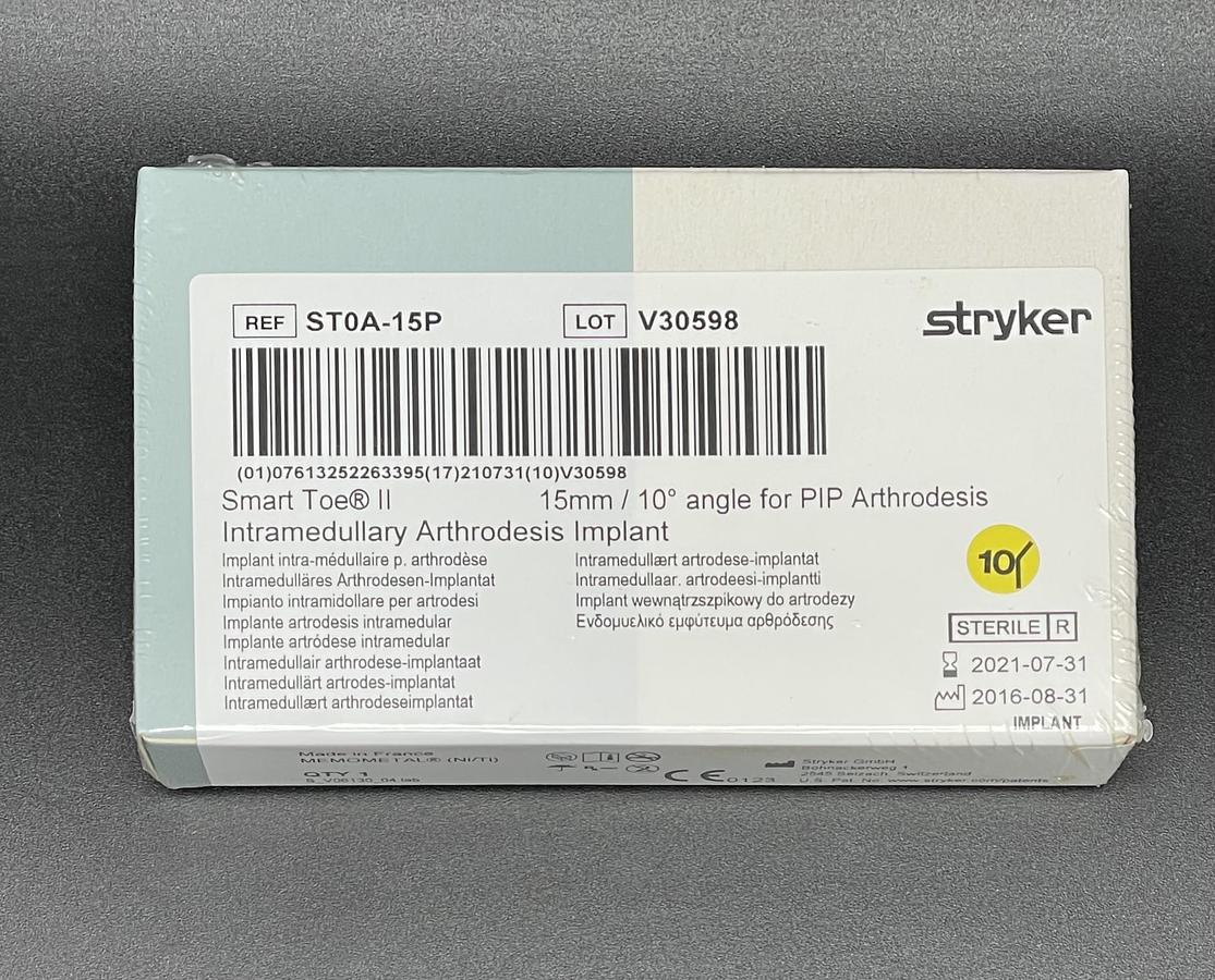 STRYKER ST0A-15P SMART TOE II INTRAMEDULLARY ARTHRODESIS IMPLANT 15MM / 10 Degree Angle for PIP Arthrodesis