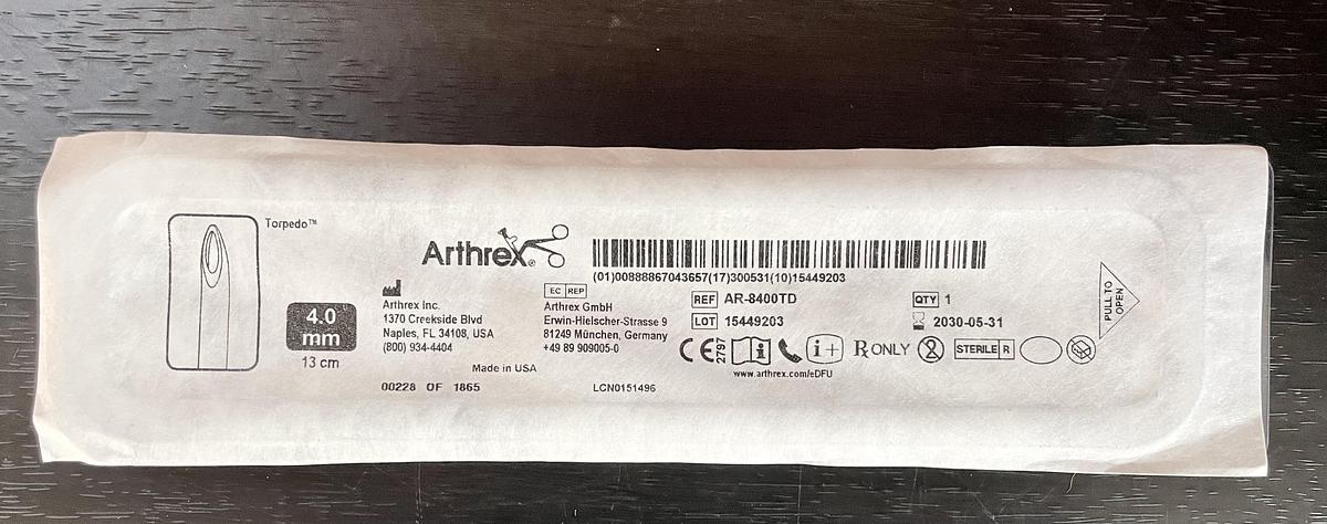 Arthrex AR-8400TD Torpedo Arthroscopic Shaver Blade 4.0mm x 13cm, In-Date, Single Unit