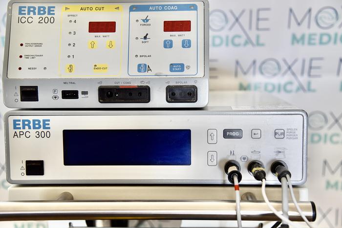 Used ERBE ICC 200 EA INT UL AND APC 300 ELECTROSURGICAL UNIT WITH FOOTSWITCH 20189-027