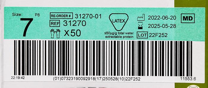 MOLNLYCKE 31270 BIOGEL INDICATOR UNDERGLOVE GREEN NATRUAL RUBBER SURGICAL GLOVES, SIZE 7, 50 PAIRS PER BOX