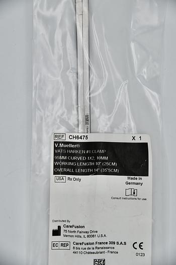 V. MUELLER CH6475 VATS HARKEN #1 CLAMP 95MM CURVED 1X2, 10MM WORKING LENGTH 10" (25CM), OVERALL LENGTH 14" (35.5CM)