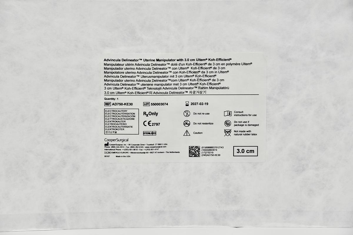 COOPER SURGICAL AD750-KE35 ADVINCULA DELINEATOR UTERINE MANIPULATOR WITH 3.5CM ULTEM KOH-EFFICIENT ELECTROCAUTERY, IN-DATE