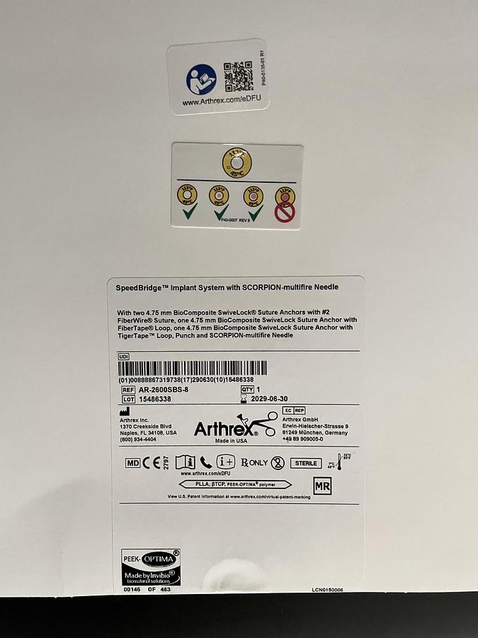 ARTHREX AR-2600SBS-8 SpeedBridge Implant System 4.75x19.1mm, In-Date