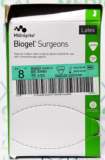 MOLNLYCKE 30480 BIOGEL SURGEONS NATURAL RUBBER LATEX SURGICAL GLOVES, SIZE 8, 50 PAIRS/BX