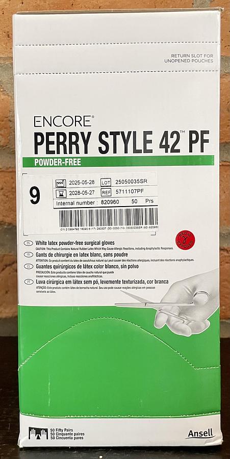 Ansell 5711107PF ENCORE Perry Style 42 PF Surgical Gloves Size 9, 50 Pairs/Box