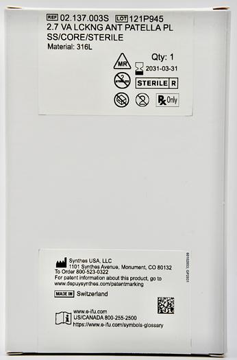 DEPUY SYNTHES 2.7 VA LCKNG ANT PATELLA PL SS/CORE/STERILE, REFERENCE 02.137.003S, MATERIAL:316L, STAINLESS STEEL