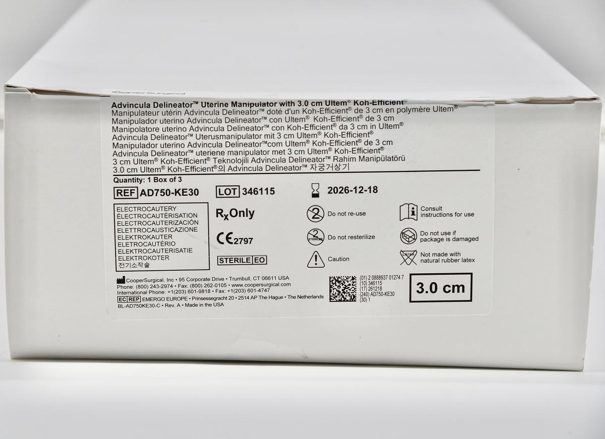 COOPER SURGICAL AD750-KE30; ADVINCULA DELINEATOR UTERINE MANIPULATOR WITH 3.0CM ULTEM KOH-EFFICIENT ELECTROCAUTERY, IN-DATE, BOX OF 3