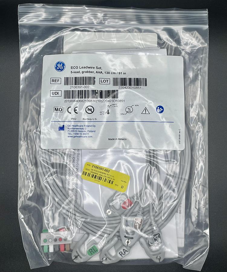 GE Healthcare 2106391-002 ECG Leadwire Set 5-Lead Grabber AHA 130cm