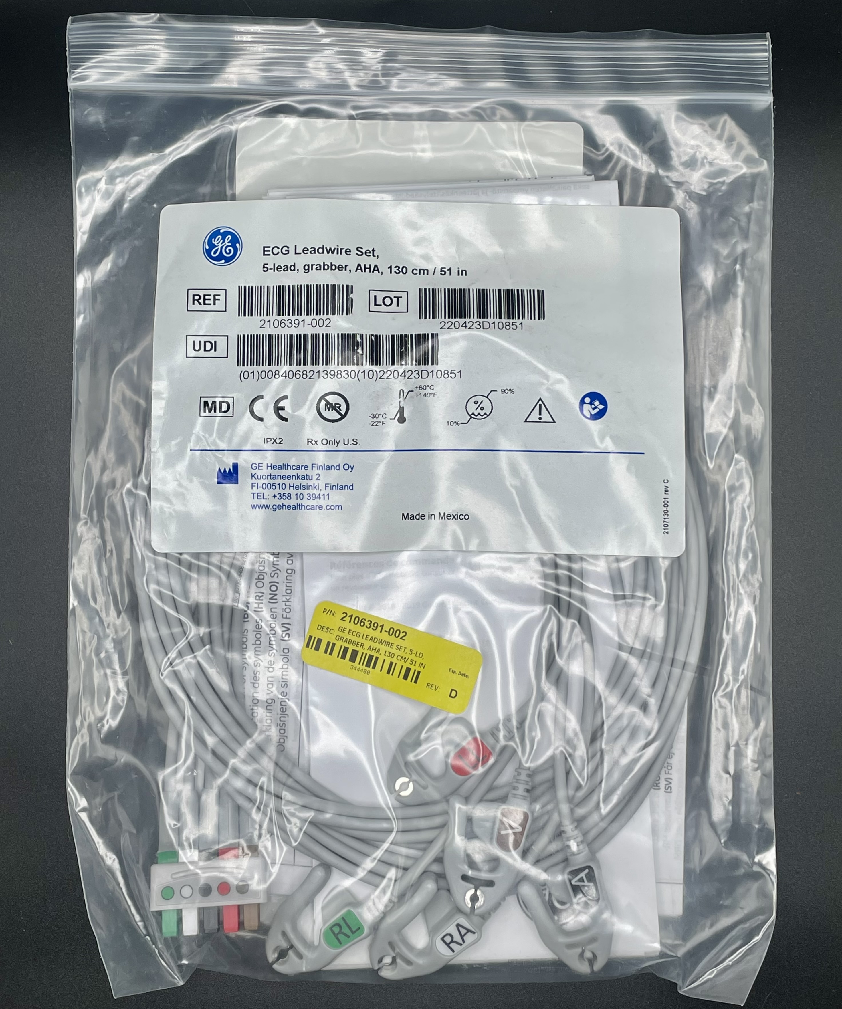 GE Healthcare 2106391-002 ECG Leadwire Set 5-Lead Grabber AHA 130cm