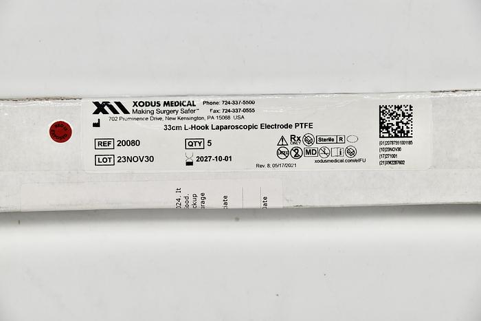 XODUS MEDICAL 33CM L-HOOK LAPAROSCOPIC ELECTRODE PTFE, REFERENCE 20080, IN-DATE, BOX OF 5
