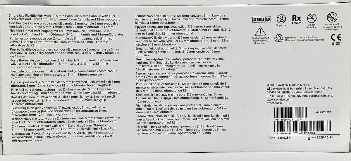 SILSPT12TA - COVIDIEN SILS PORT FLEXIBLE PORT, 5MM-12MM, SINGLE USE FLEXIBLE PORT WITH (2)5MM CANNULAE, 5MM CANNULA WITH LUER LOCK VALVE AND 5MM OBTURATOR, 5MM-12MM CANNULA AND 12MM OBTURATOR