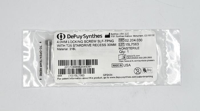 SYNTHES 02.204.030 4.0MM LOCKING SCREW SLF-TPNG WITH T25 STARDRVIE RECESS 30MM