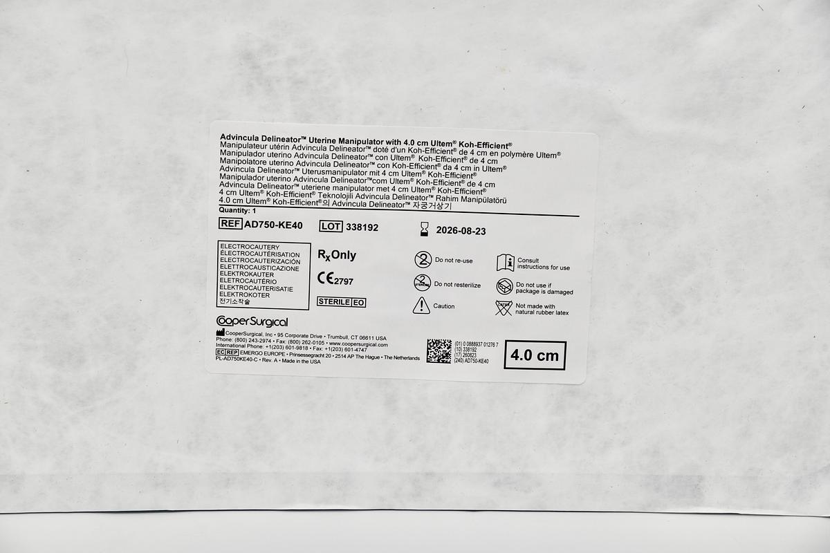 COOPER SURGICAL AD750-KE40 ADVINCULA DELINEATOR UTERINE MANIPULATOR WITH 4.0CM ULTEM KOH-EFFICIENT ELECTROCAUTERY, IN-DATE