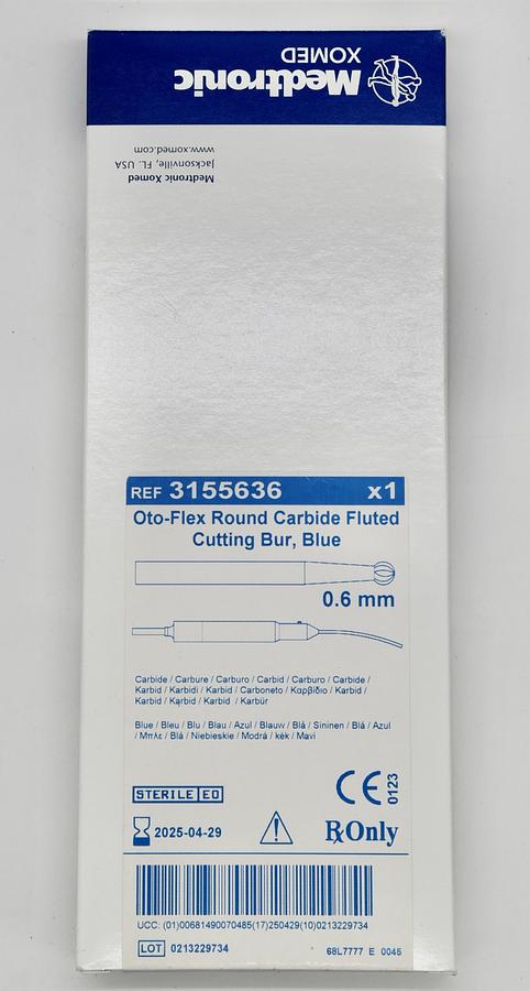 Medtronic 3155636 Oto-Flex Round Carbide Fluted Cutting Bur, Blue 0.6 mm