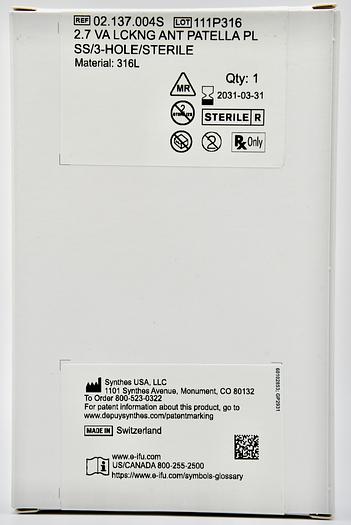 DEPUY SYNTHES 2.7VA LCKNG ANT PATELLA PL SS/3-HOLE/STERILE, REFERENCE 02.137.004S, MATERIAL 316L, STAINLESS STEEL