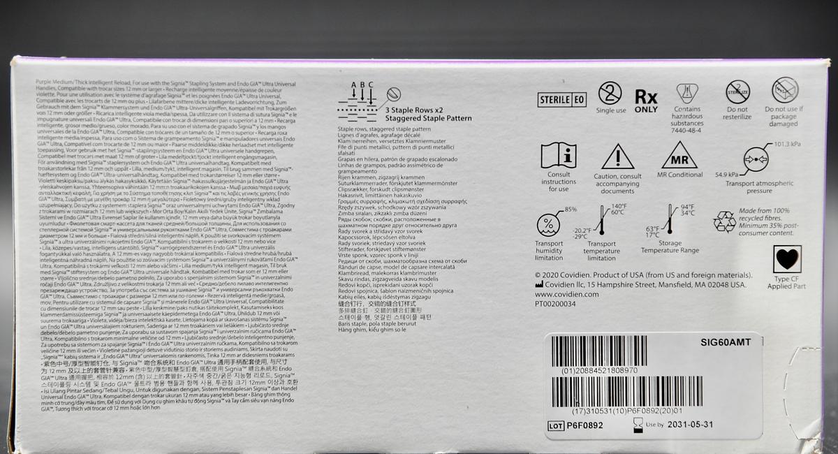 In-Date Covidien SIG60AMT Medtronic Signia Tri-Staple 2.0 Reload, 60mm, Medium/Thick, Purple, Box of 6