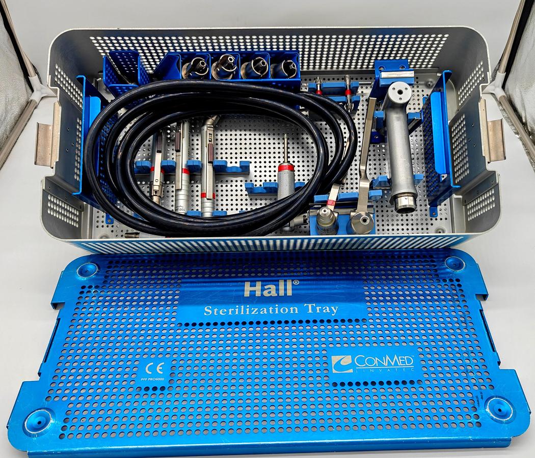 Used CONMED LINVATEC POWER PRO DRILL SET AND HALL PNEUMATIC KIT WITH  STERILIZATION TRAY