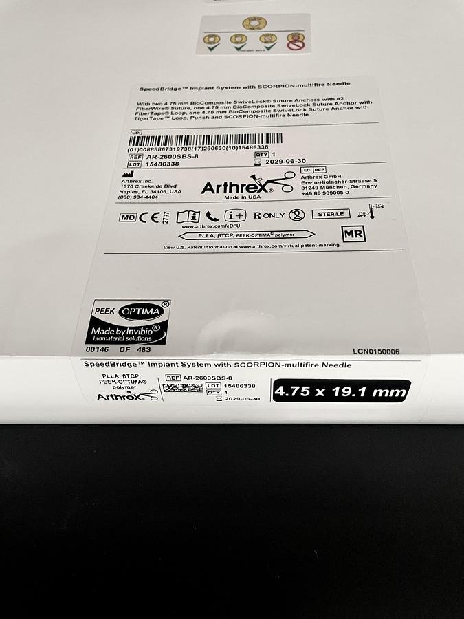 ARTHREX AR-2600SBS-8 SpeedBridge Implant System 4.75x19.1mm, In-Date