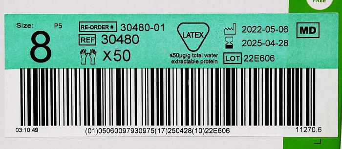 MOLNLYCKE 30480 BIOGEL SURGEONS NATURAL RUBBER LATEX SURGICAL GLOVES, SIZE 8, 50 PAIRS/BX