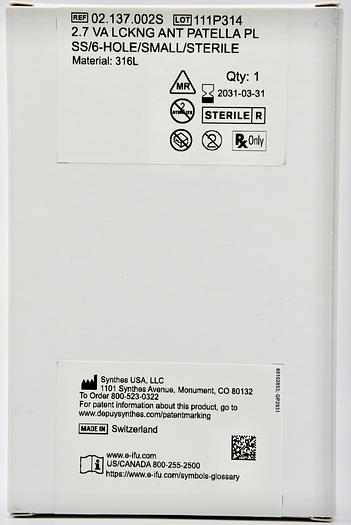 DEPUY SYNTHES 2.7 VA LCKNG ANT PATELLA PL SS/6-HOLE-SMALL/STERILE, REFERENCE 02.137.002S, STAINLESS STEEL