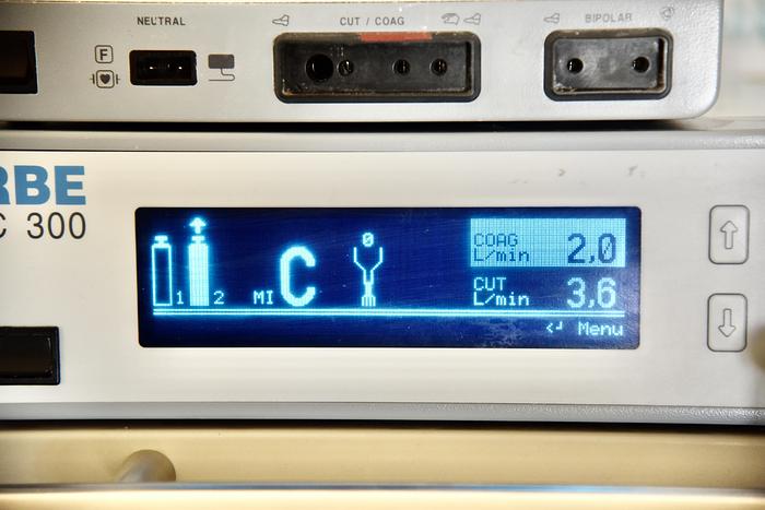 Used ERBE ICC 200 EA INT UL AND APC 300 ELECTROSURGICAL UNIT WITH FOOTSWITCH 20189-027