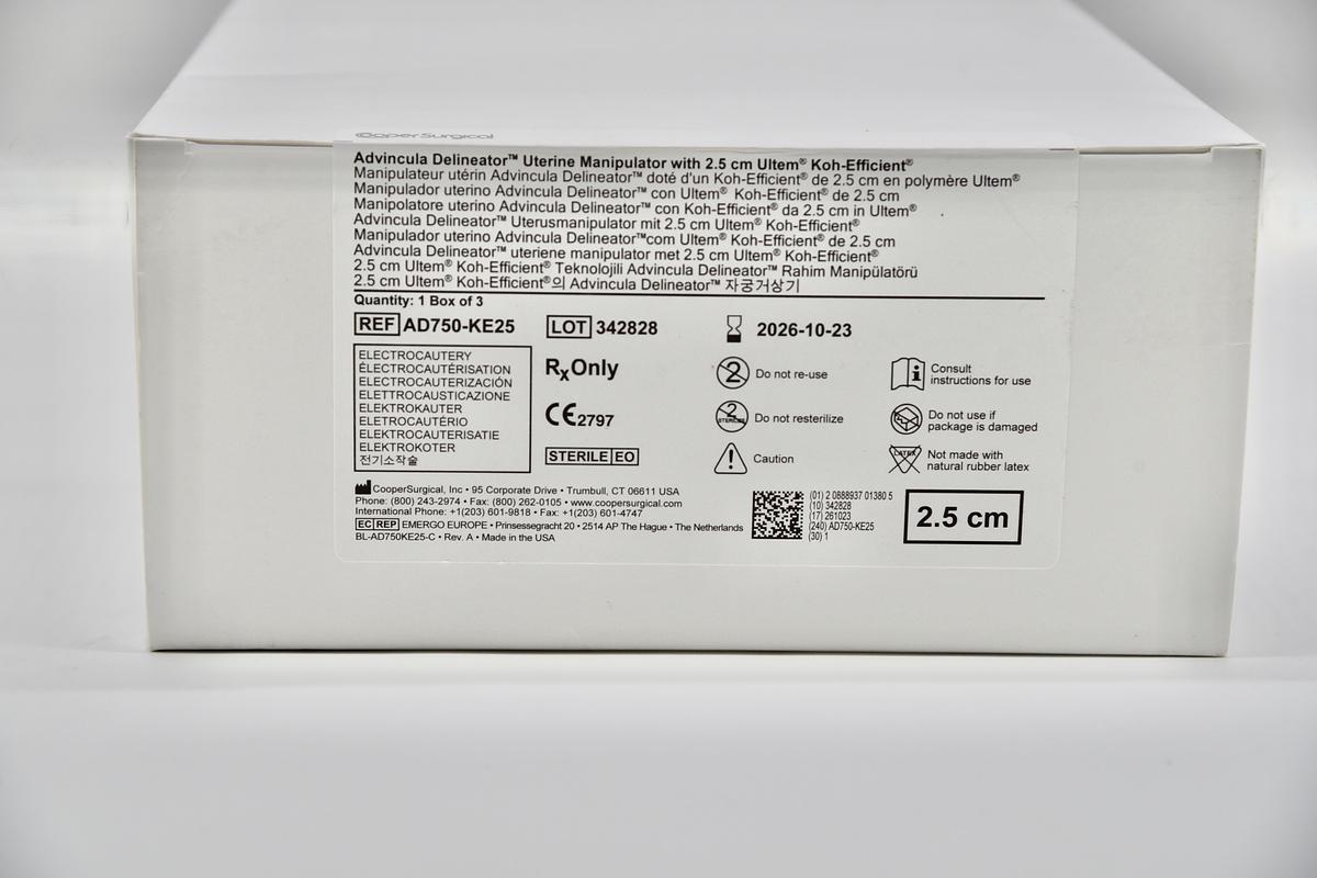 COOPER SURGICAL AD750-KE25; ADVINCULA DELINEATOR UTERINE MANIPULATOR WITH 2.5CM ULTEM KOH-EFFICIENT ELECTROCAUTERY, IN-DATE, BOX OF 3