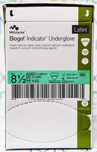 MOLNLYCKE 31285 BIOGEL INDICATOR UNDERGLOVE GREEN NATURAL RUBBER SURGICAL GLOVES, SIZE 8.5, 50 PAIRS BOX