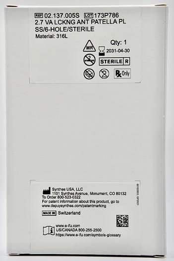 DEPUY SYNTHES 2.7 VA LCKNG ANT PATELLA PL SS/6-HOLE/STERILE, REFERENCE 02.137.005S, MATERIAL 316L