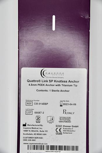 CAYENNE MEDICAL CM-9145SP QUATTRO LINK SP KNOTLESS ANCHOR 4.5MM PEEK ANCHOR WITH TITANIUM TIP