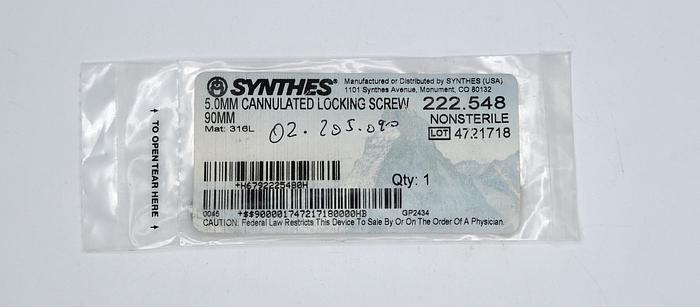 SYNTHES 222.548 5.0MM CANNULATED LOCKING SCREW 90MM