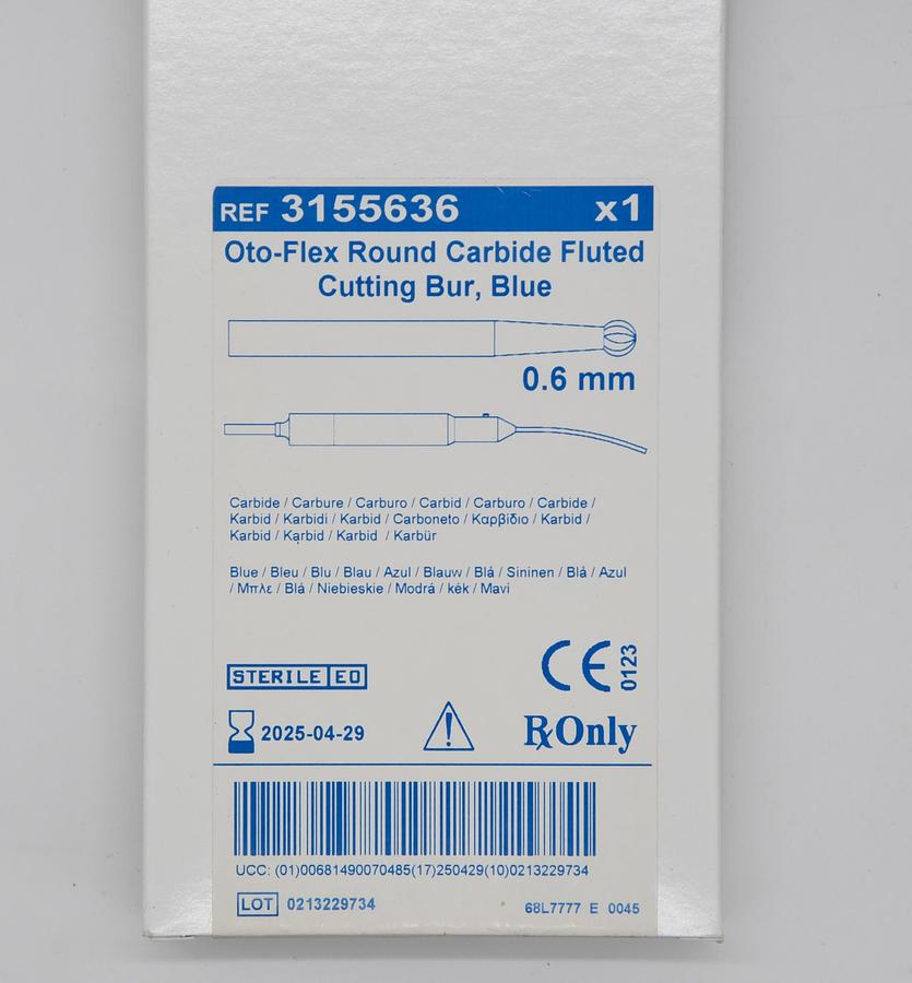 Medtronic 3155636 Oto-Flex Round Carbide Fluted Cutting Bur, Blue 0.6 mm