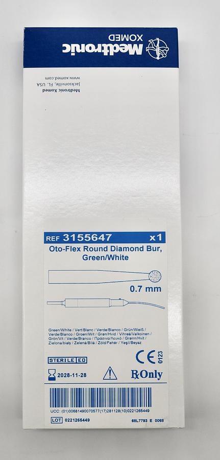 Medtronic 3155647 Oto-Flex Round Diamond Bur Green/White 0.7mm [In-date]
