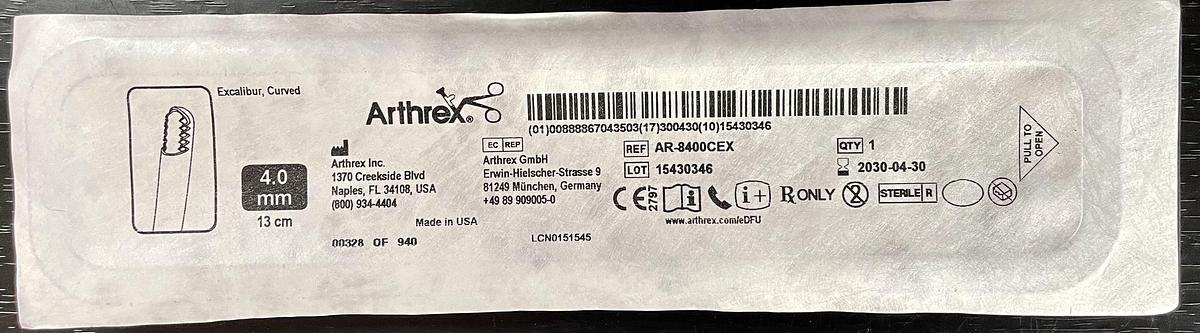 Arthrex AR-8400CEX Excalibur Curved Arthroscopic Shaver Blade 4.0mm x 13cm