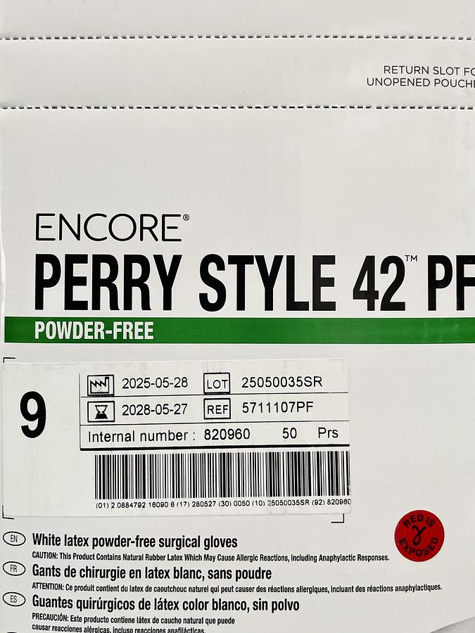 Ansell 5711107PF ENCORE Perry Style 42 PF Surgical Gloves Size 9, 50 Pairs/Box