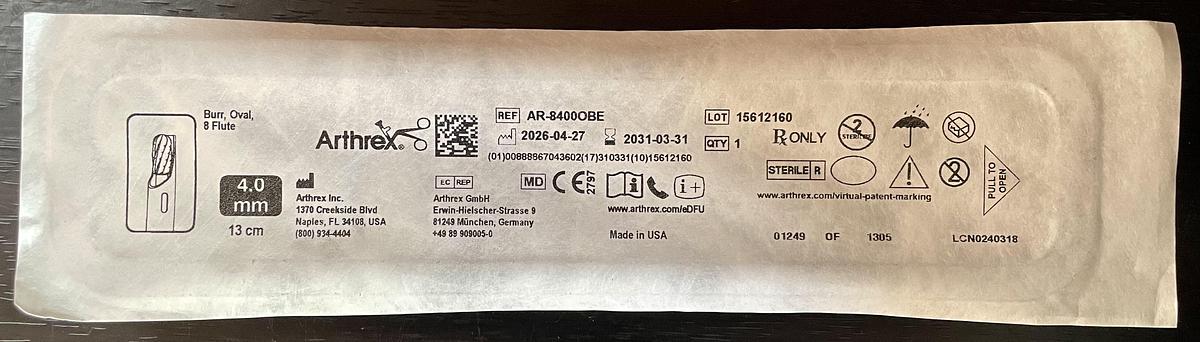 ARTHREX AR-8400OBE Burr Oval 8 Flute 4.0mm x 13cm