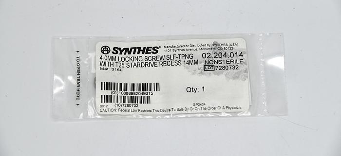 SYNTHES 02.204.014 4.0MM LOCKING SCREW SLF-TPNG WITH T25 STARDRIVE RECESS 14MM