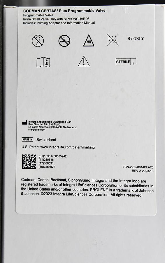 82-8814PL Integra CODMAN CERTAS Plus 828814PL Programmable In-Line Valve, In-Date
